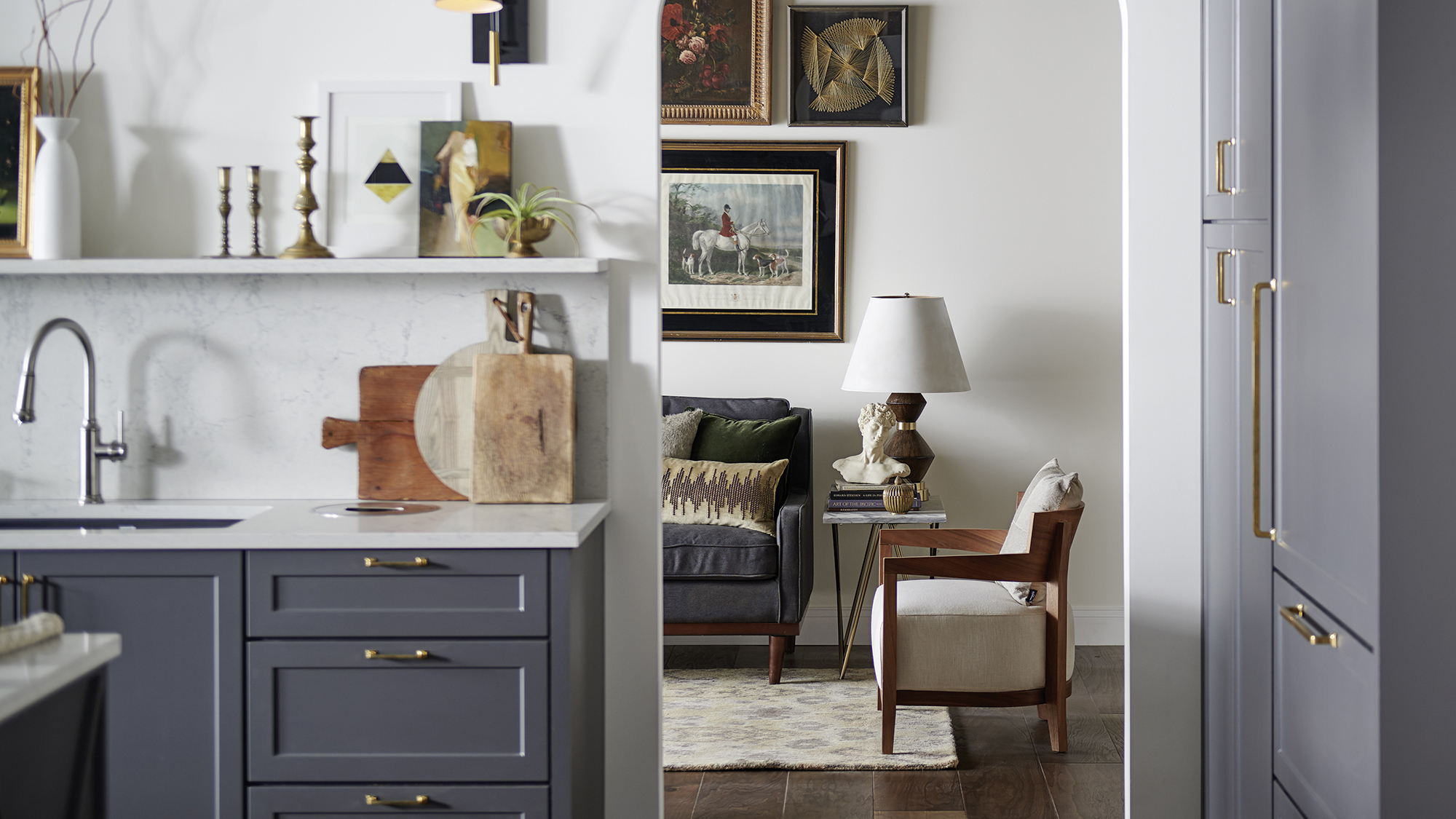 Hues such as deep gray, warm beige, pale blue, and white are common in the transitional kitchens