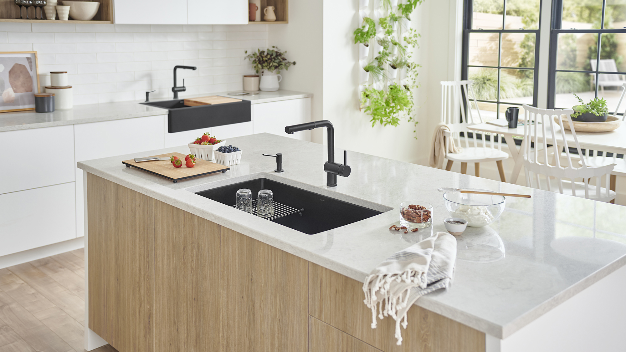 Tables, chairs, stools and other Scandinavian kitchen furniture is made of warm wood