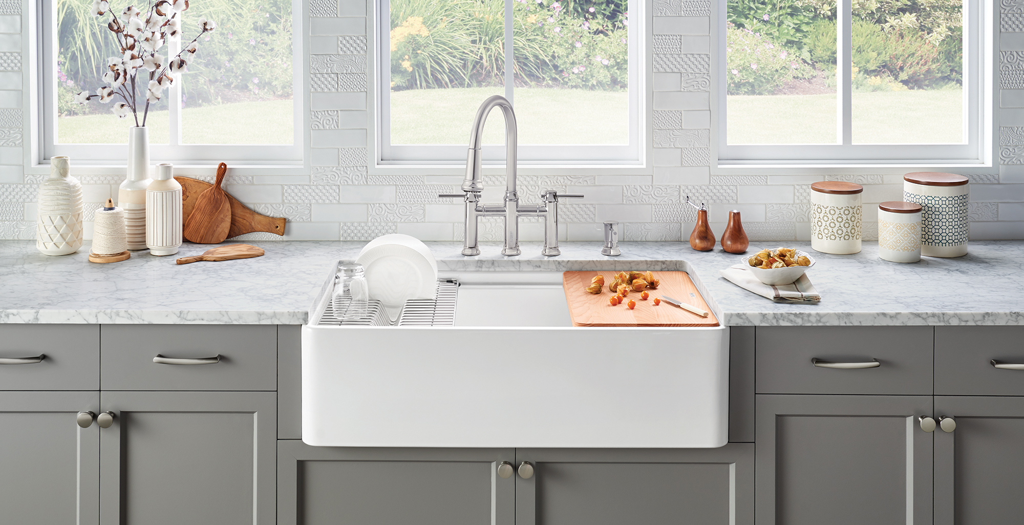 Profina Fireclay Farmhouse Sink with Empressa Bridge Kitchen Faucet and Soap Dispenser