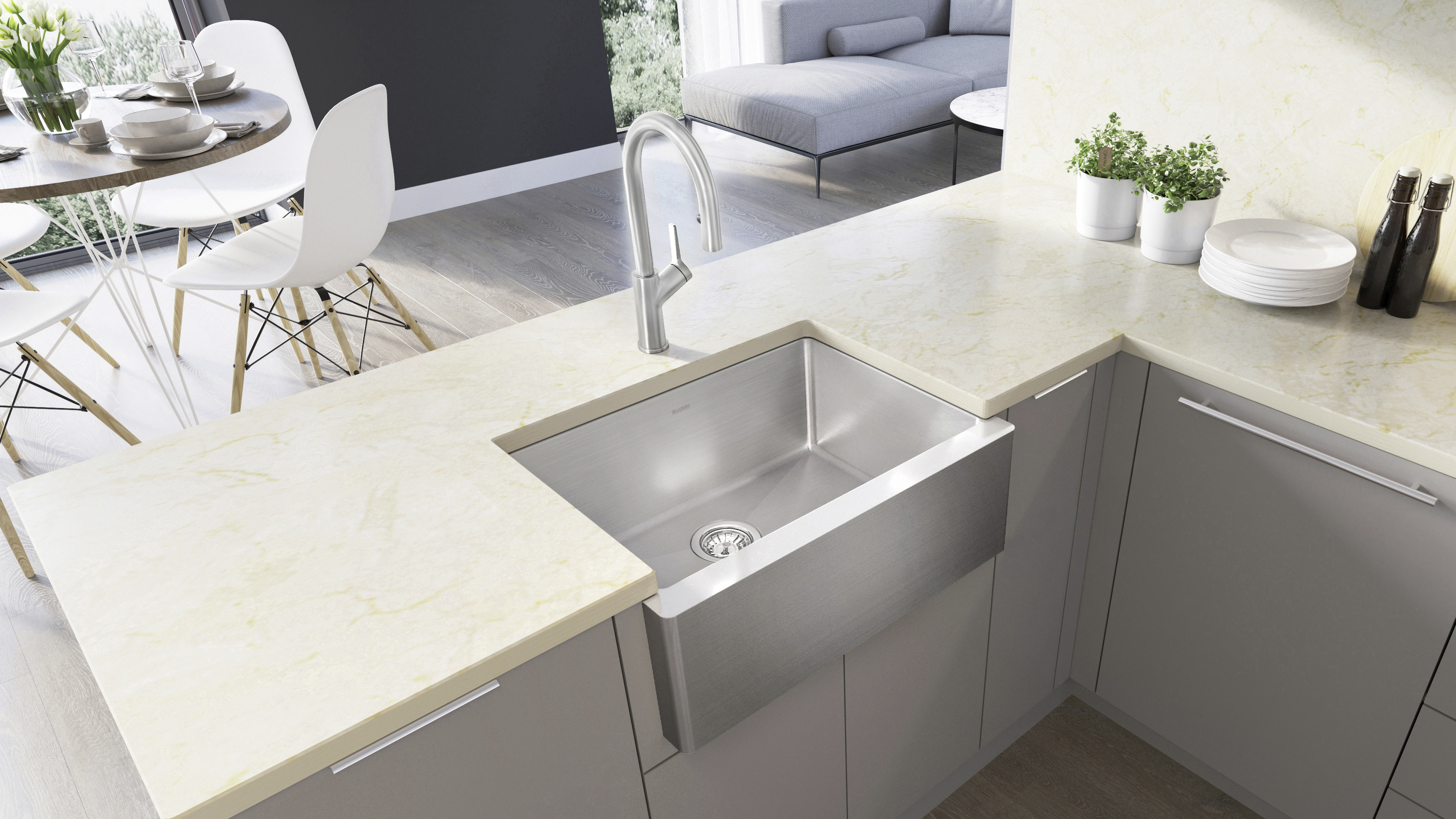 522215 QUATRUS R15 Medium Apron Front / Farmhouse Kitchen Sink in High-Quality Stainless Steel