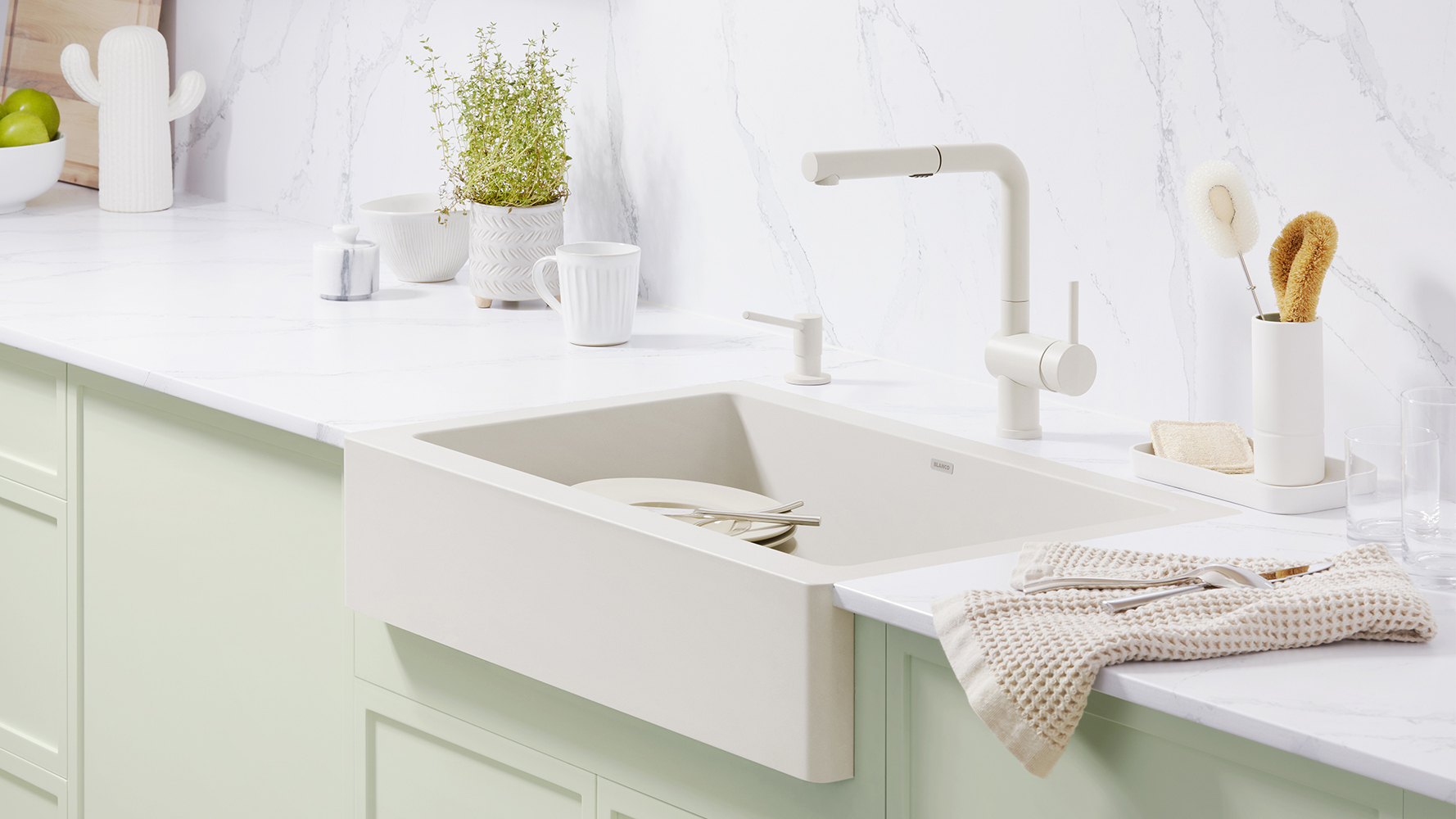 Easily achieve a cohesive, serene setting in the kitchen with airy Soft White