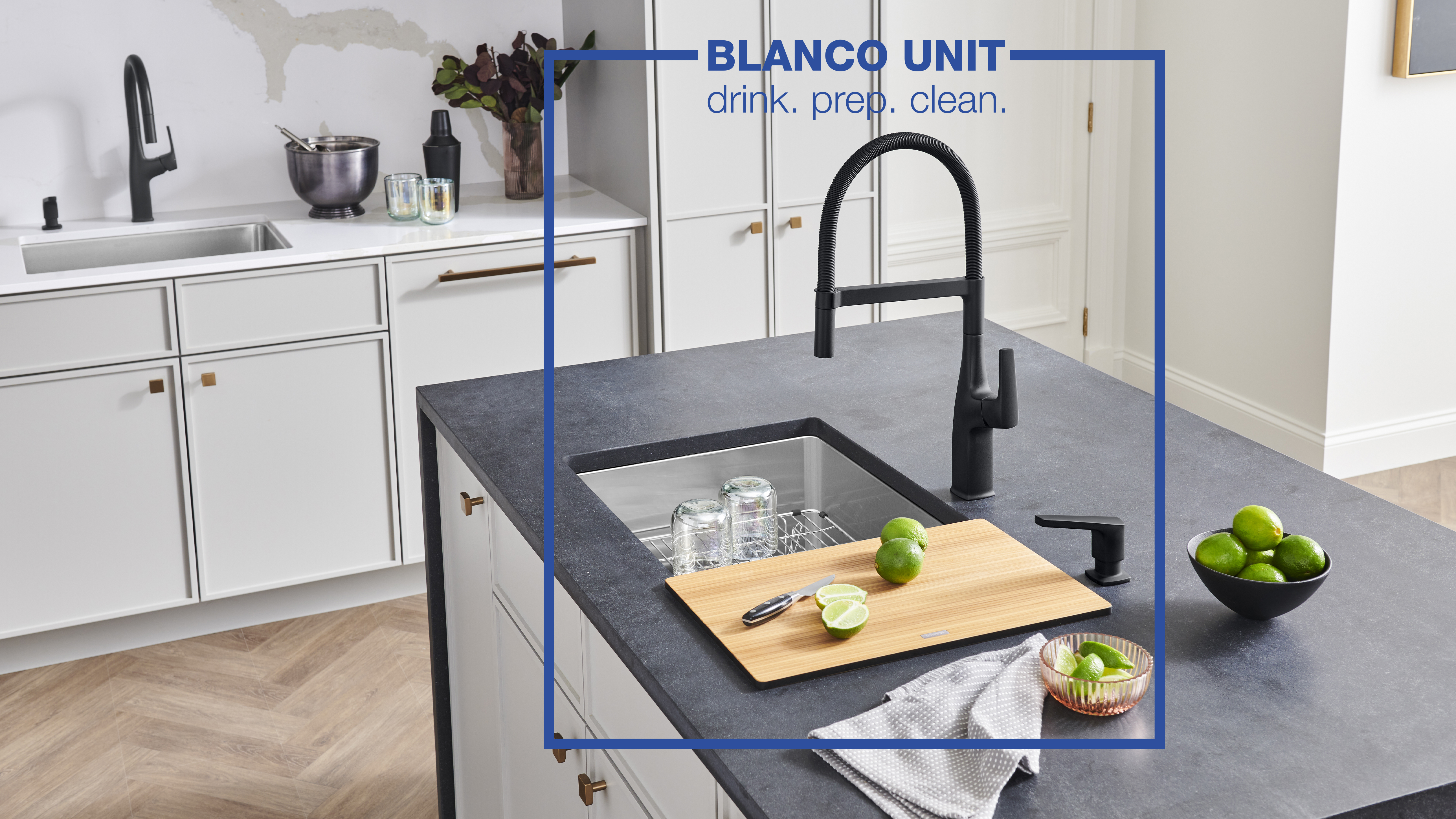 RIVANA Semi-pro Faucet and RIVANA Soap Dispenser in Matte Black with QUATRUS R15.