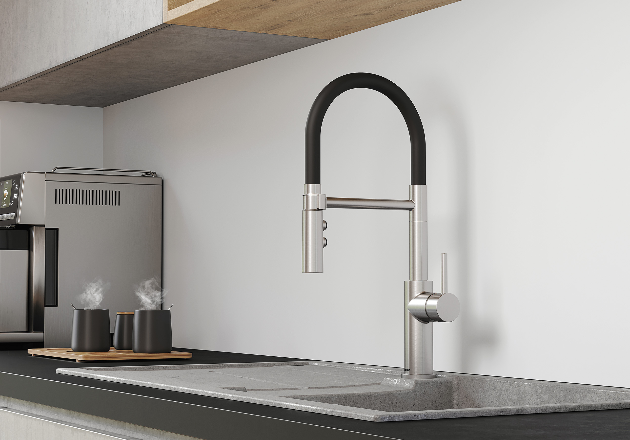 Catris-S Flexo in stainless steel finish combined with the Silgranit Blanco Metra XL 6 S sink 