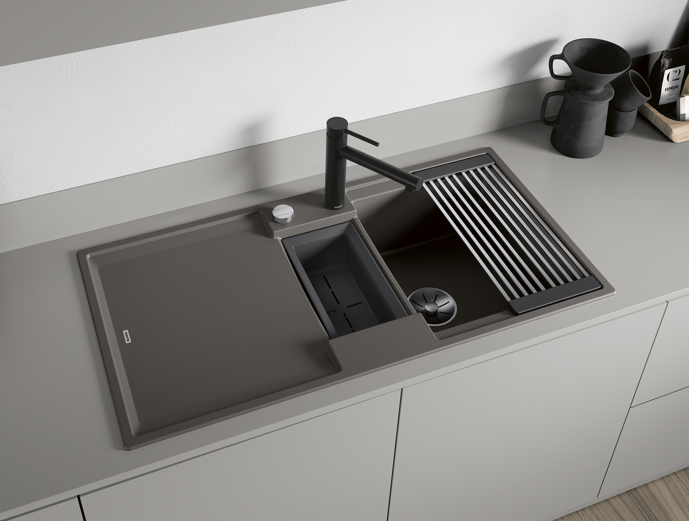 A son watches his father by the sink