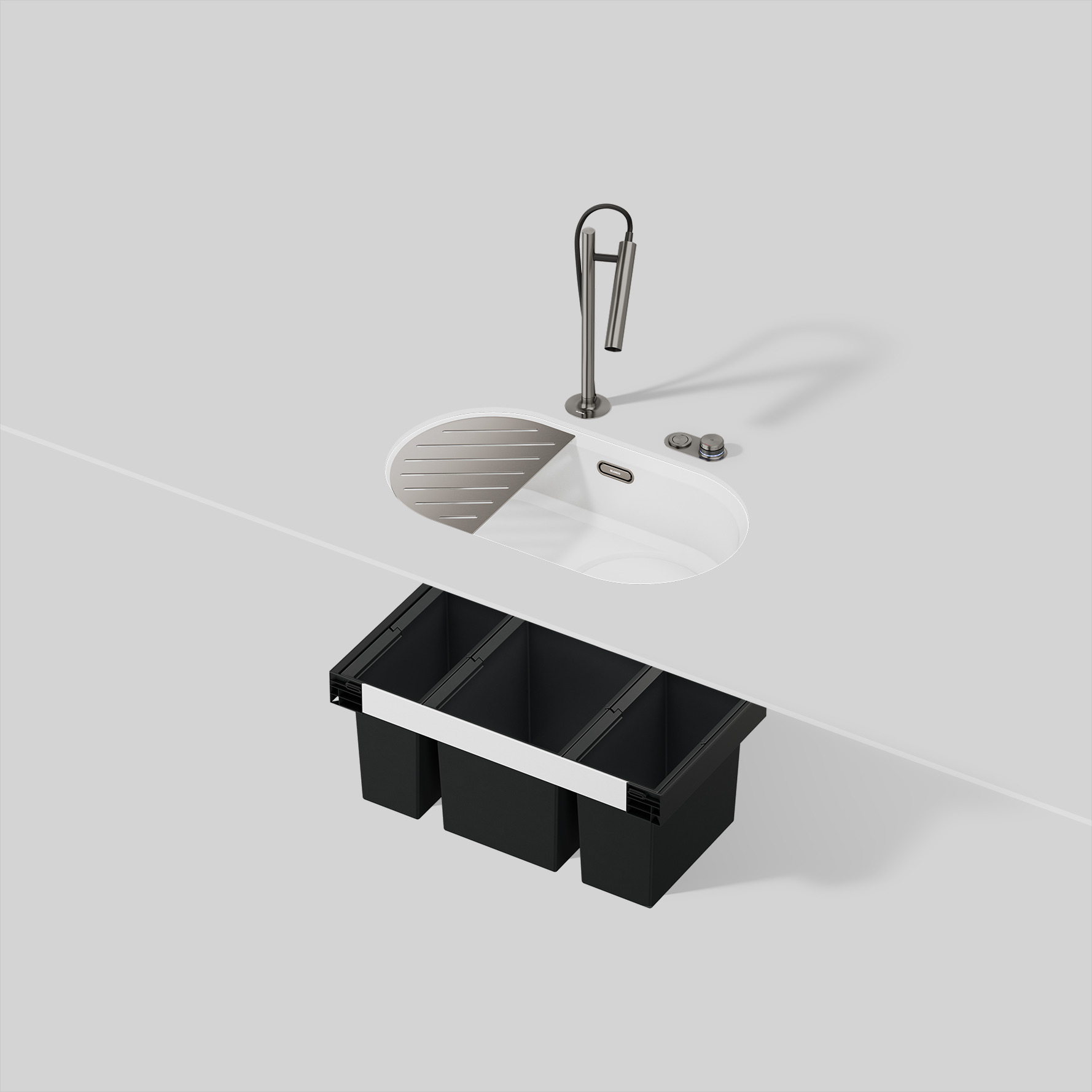 Küchenwasserplatz mit Armatur LUNEOO-S, Spüle OOVALON und Abfallsystem