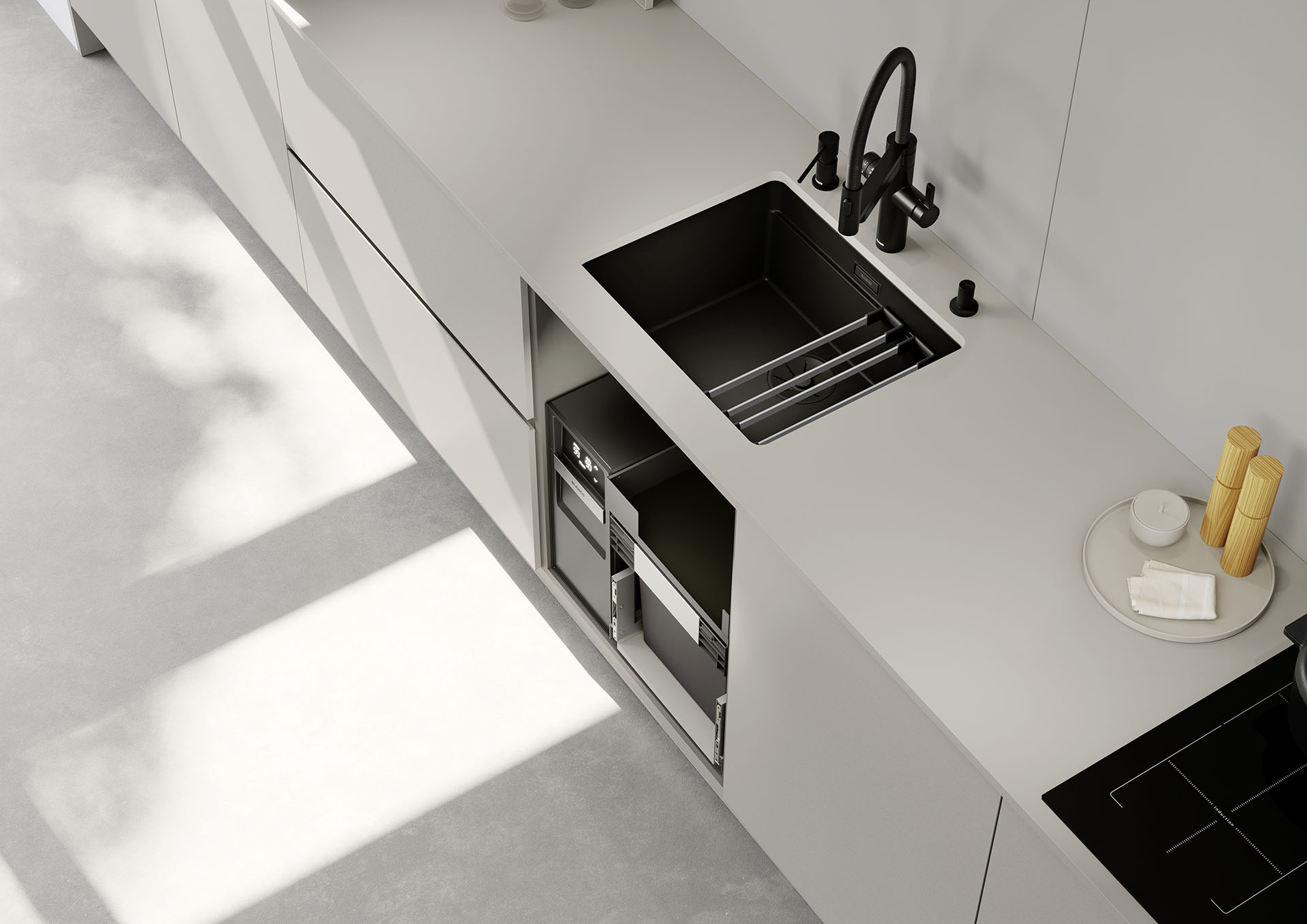 Darstellung einer BLANCO UNIT mit Spüle, Küchenarmatur und Abfallsystem