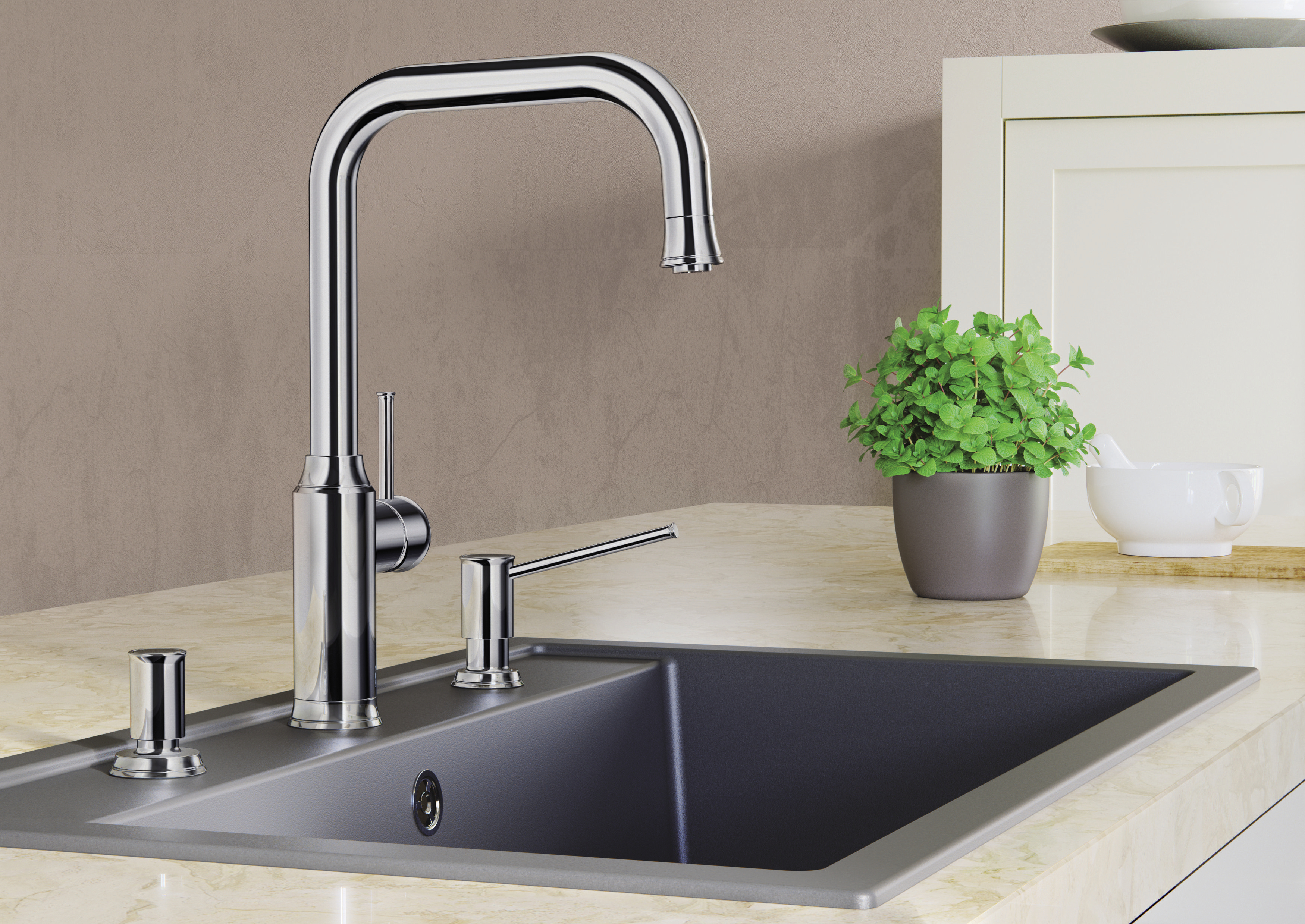 Vòi nóng lạnh cao cho bếp này có vòi xịt dây rút khá ấn tượng