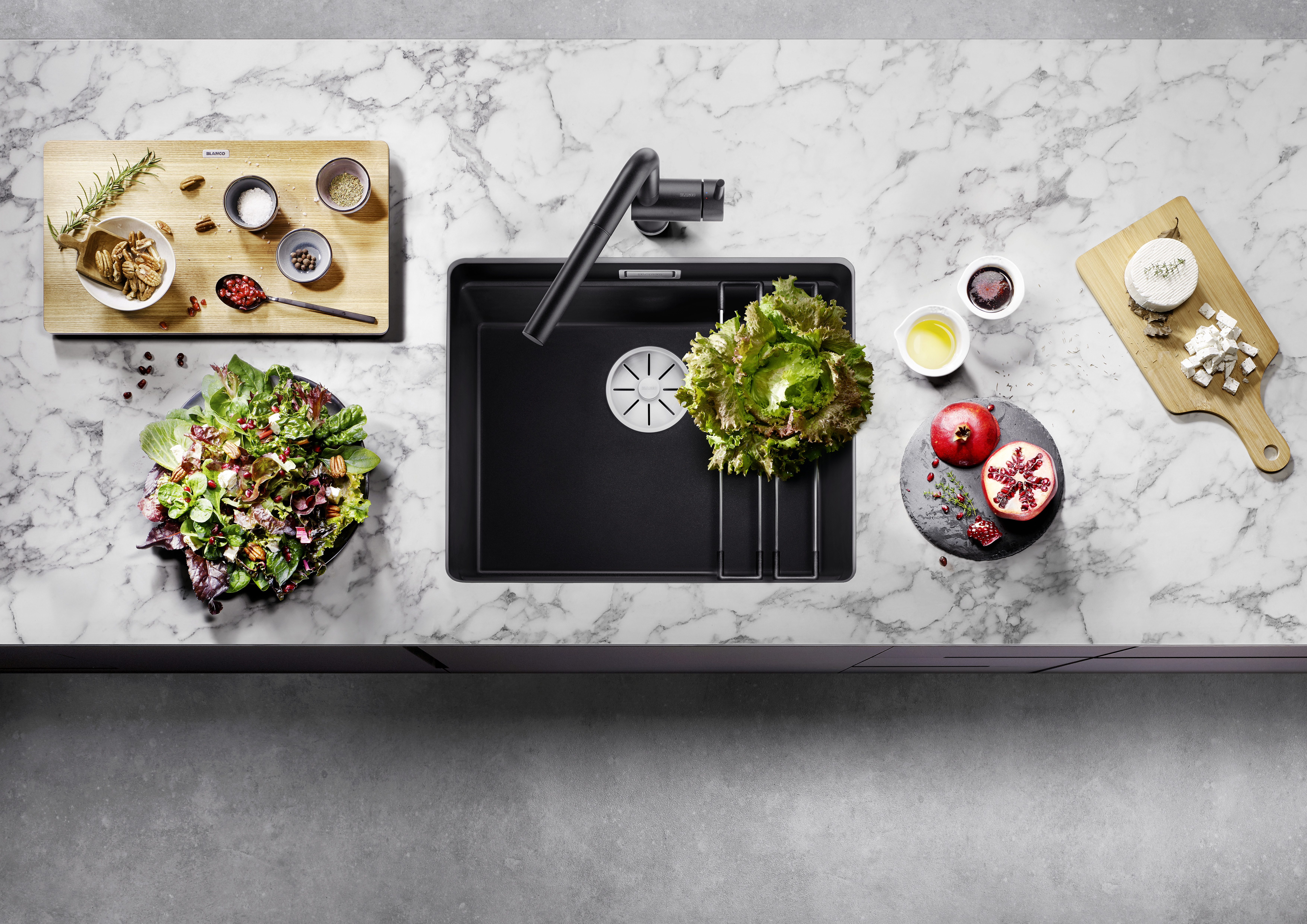 Crumbs are swept into the undermount bowl with a single wipe.