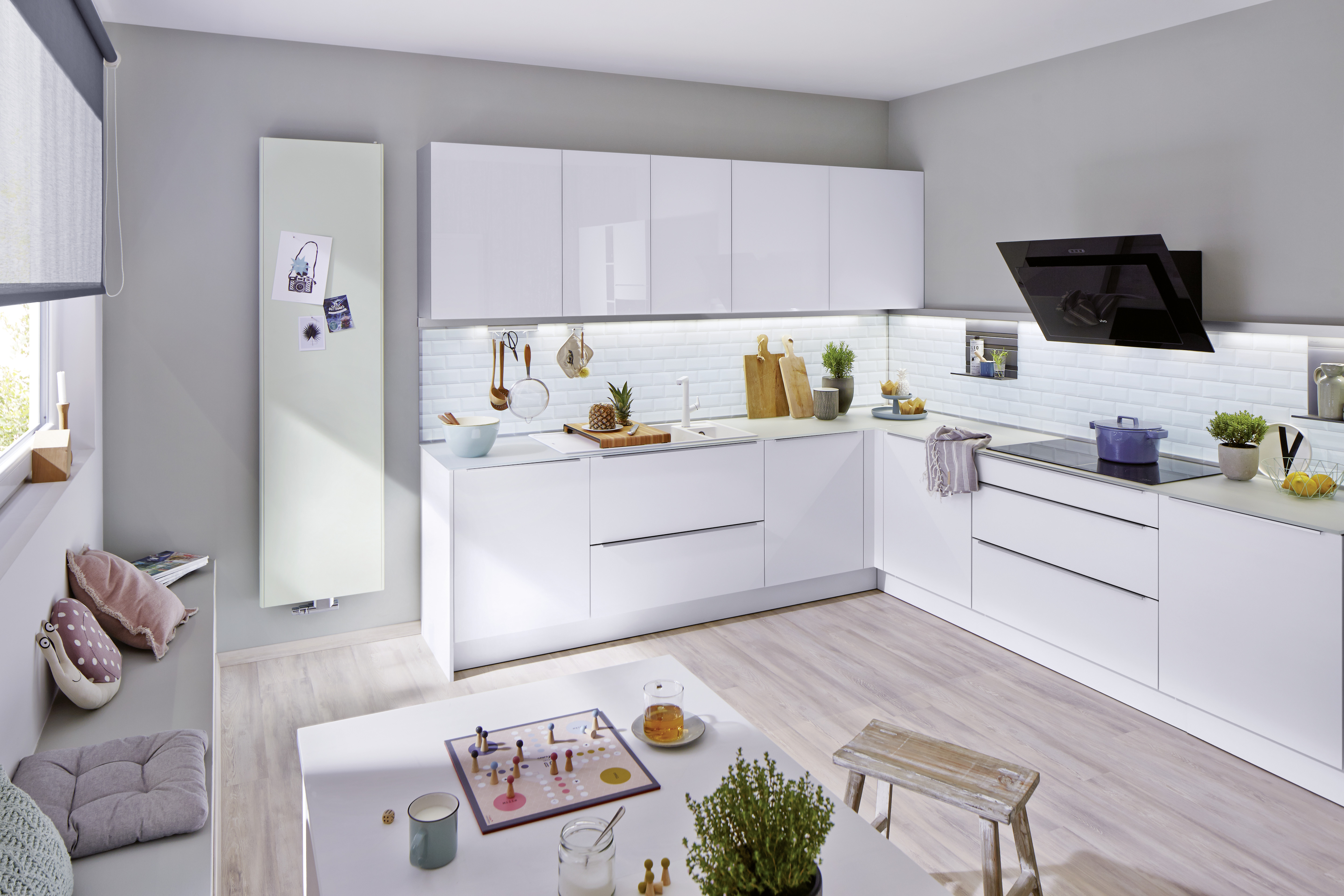 a modern, white kitchen