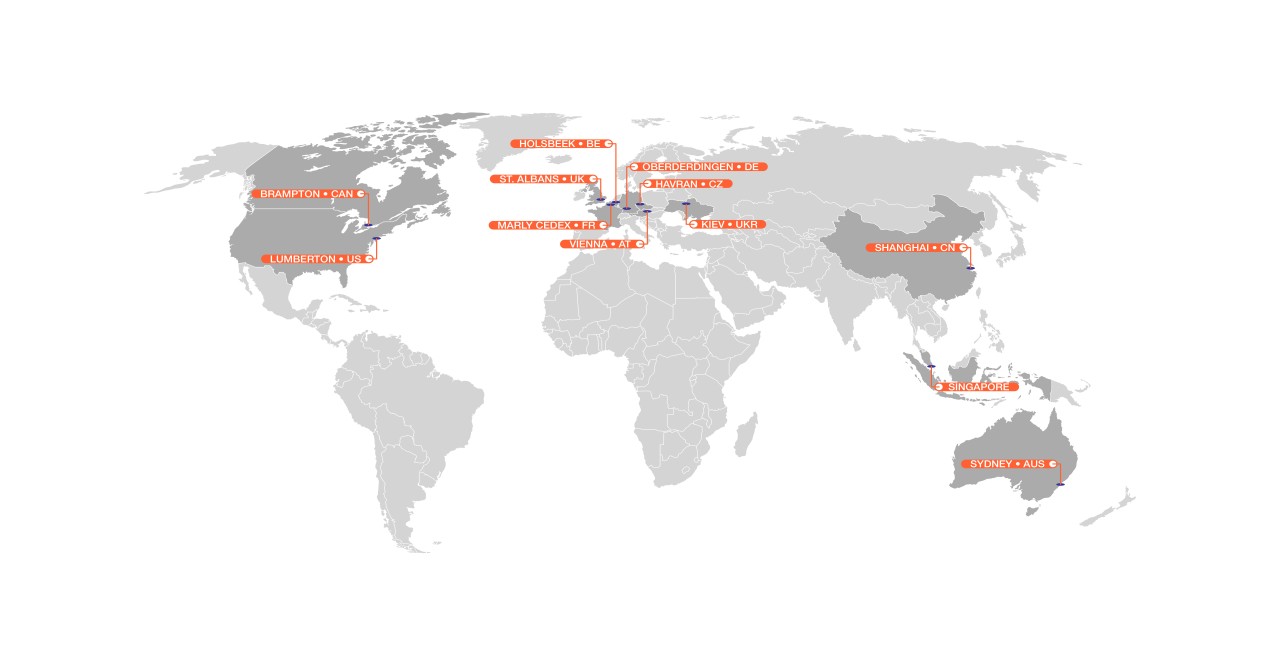Carte du monde montrant les filiales et les sites de BLANCO en Europe, en Asie, en Amérique du Nord 