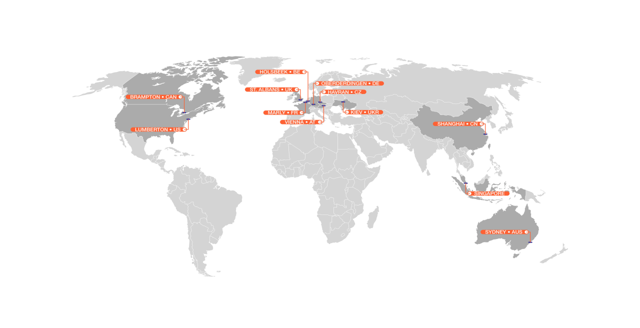 Carte du monde montrant les filiales et les sites de BLANCO en Europe, en Asie, en Amérique du Nord 