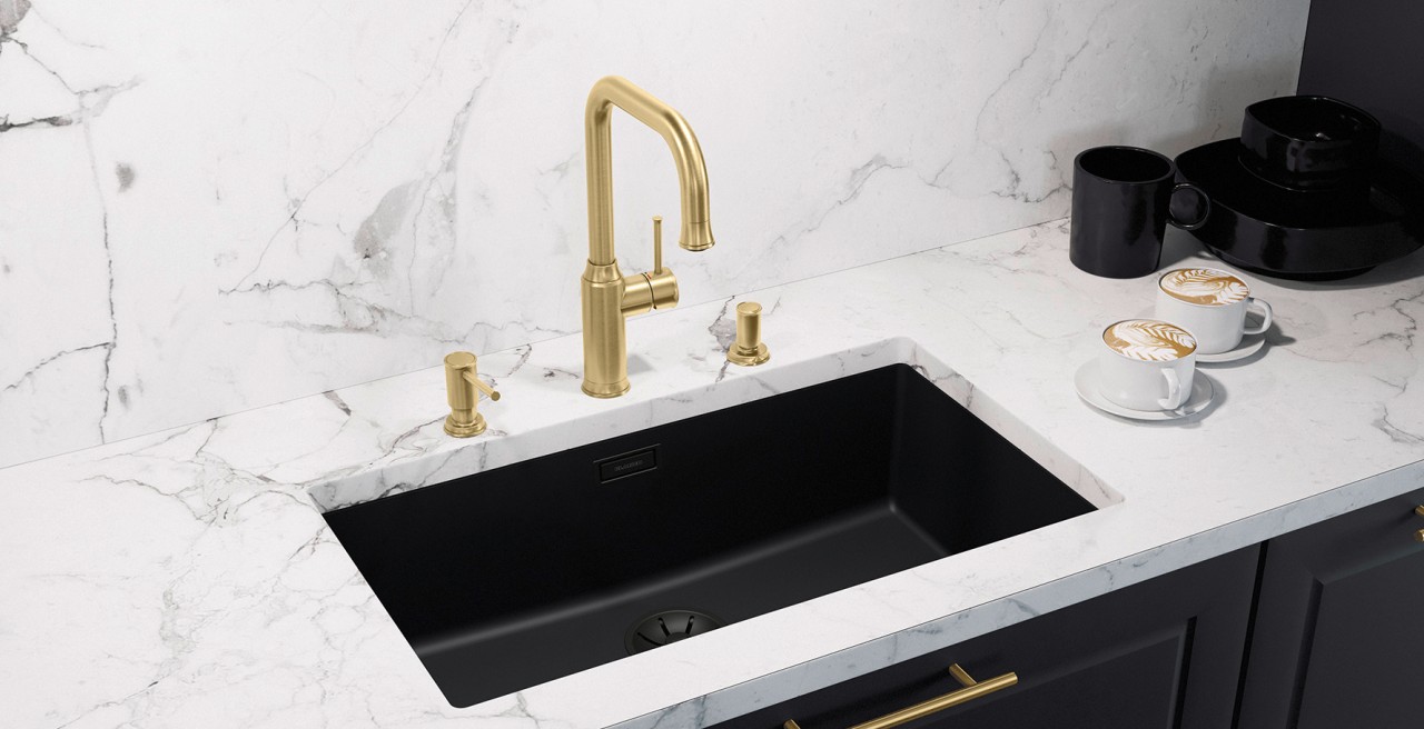 SUBLINE, BLANCO, cuve à intégrer, Silgranit, noir, composite, LIVIA-S, satin gold, or, granit